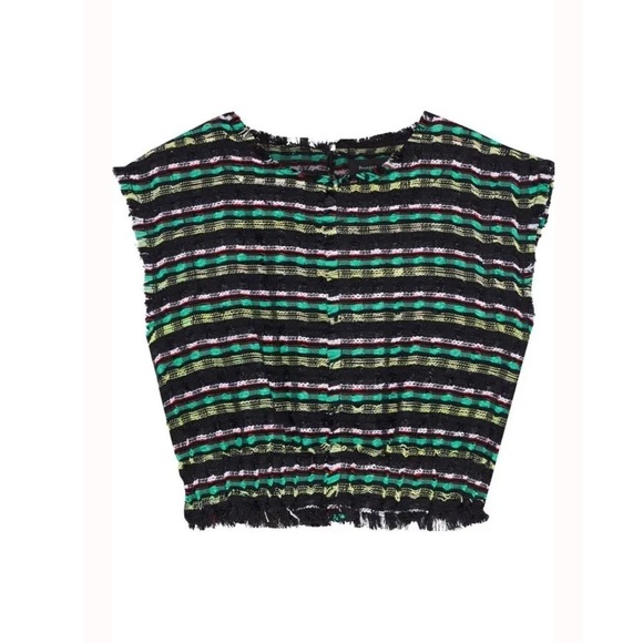Proenza Schouler- Multicolored Cropped Frayed Tweed Sleeveless Top - Picture 3 of 10